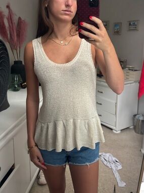 Sleeveless Cream Ruffle-Hem Knit Tank Top